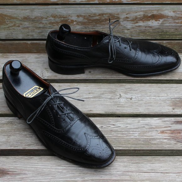 Vintage 80s Black Kangaroo Leather Wingtips, Dack's Canada, Men's 12 D - Picture 1 of 13